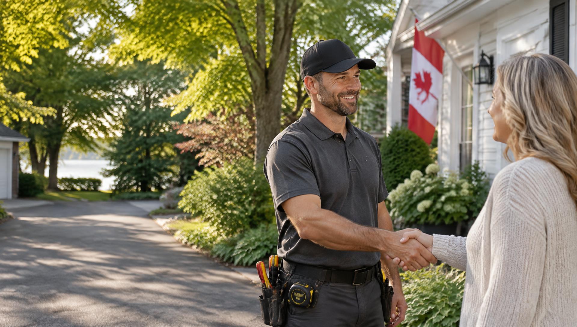 A Canadian contractor greeting a homeowner outside her home